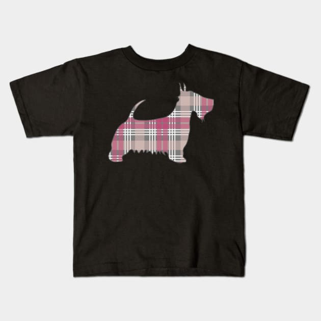 Pink, Grey and White Tartan Scottish Terrier Dog Silhouette Kids T-Shirt by MacPean